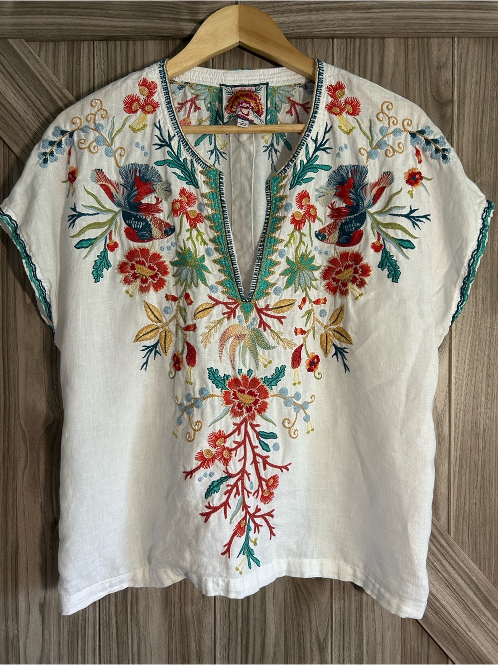 Johnny Was Averi Easy Embroidered V-Neck Blouse Top Medium